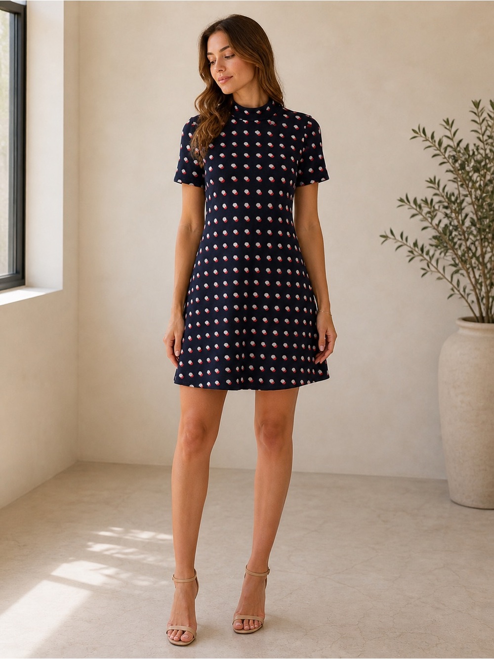 BCBGeneration Navy Dot Mock Neck A-Line Mini Dress XS